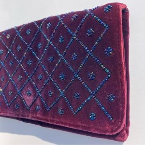 Magid Vintage Beaded Velvet Deep Burgundy Clutch